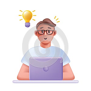 3D man laptop, vector person home office, cartoon male freelance character, smiling young worker.