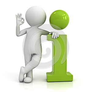 3d man leaning on green information icon and showing okay hand gesture