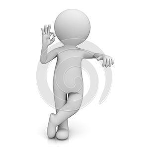 3d man leaning on something and showing okay hand gesture over white