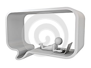 3d man lie down in speech bubble using laptop