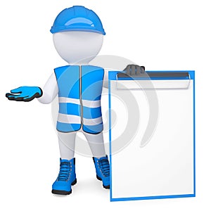 3d man in overalls with a checklist