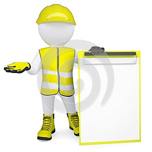 3d man in overalls with a checklist