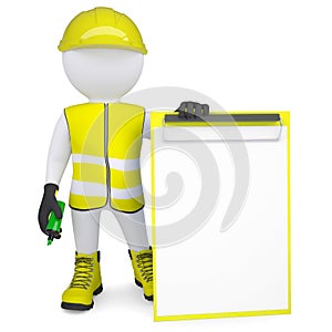 3d man in overalls with a checklist and a marker