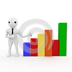 3d man pointing at colorful bar graph illustration