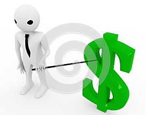 3d man pointing presentation stick on green dollar currency symbol illustration