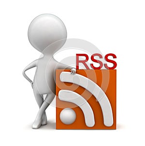 3d man presenting rss feed banner box concept