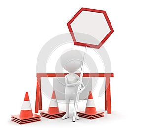 3d man presenting stop barrier / under construction concept