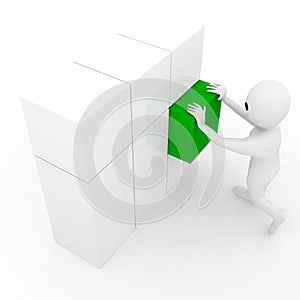 3d man putting green cube in wall arragement of cubes illustration