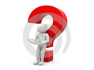 3d man with red question mark over white background.