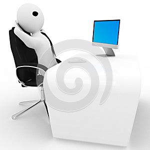 3d man relax in office on chair with LCD monitor screen on table illustration