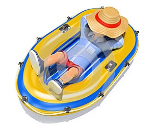 3D Man in shorts sleeping on an inflatable boat