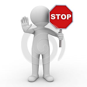3d man showing stop gesture and holding stop sign over white background with shadow