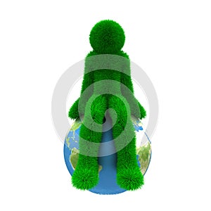 3D man sits on Earth isolated on white.
