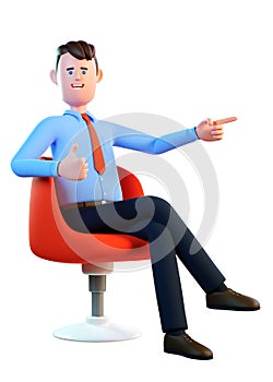 3d man sitting in a chair and points finger