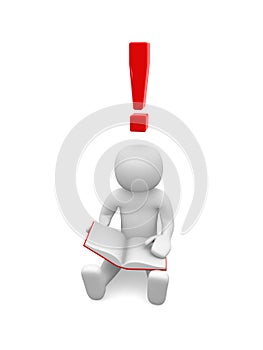 3d man sitting on the floor and reading a book with exclamation