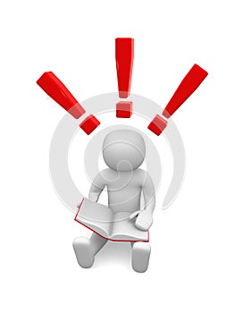3d man sitting on the floor and reading a book with exclamation
