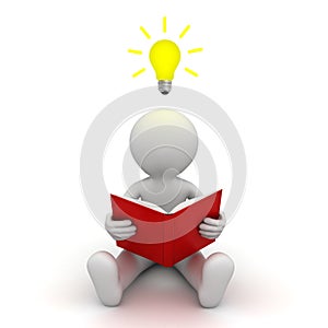 3d man sitting on the floor and reading a book with idea bulb