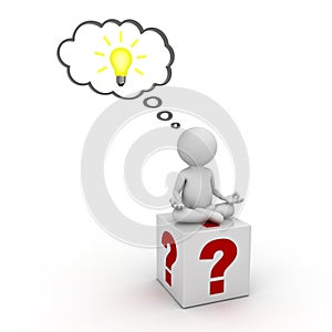 3d man sitting on question marks box and thinking with idea bulb in thought bubble above his head over white