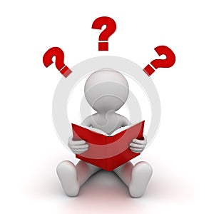 3d man sitting and reading a red book with question marks over white