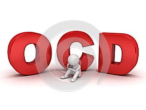 3d man sitting with red ocd text or Obsessive compulsive disorder