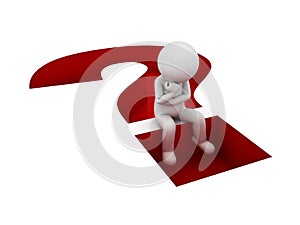 3d man sitting and thinking on red question mark hole isolated over white