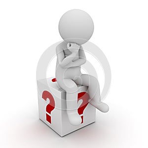 3d man sitting and thinking on red question marks box over white