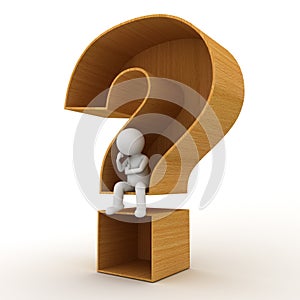 3d man sitting in wooden question mark concept on white