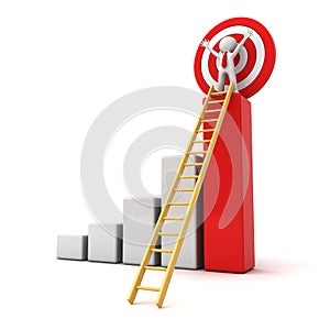 3d man standing with arms wide open on top of growth business red bar graph with wood ladder over white background
