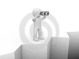 3d man standing on the brink of a precipice and looking through binocular