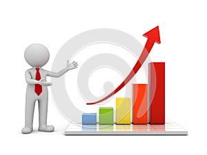 3d man standing and presenting growth business graph with red rising arrow concept