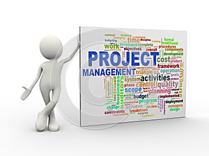 3d man standing with project management wordcloud word tags