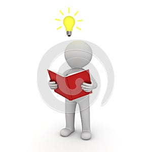 3d man standing and reading a book with idea bulb above his head