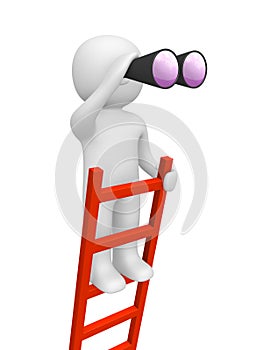 3d man standing on the top of ladder and looking through binoculars.