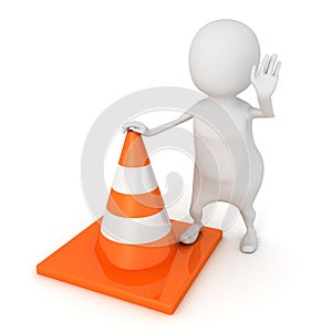 3d man in stop position with road construction traffic cone