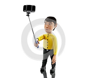 3d Man taking a selfie with selfie stick and smartphone.