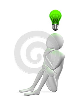 3d man thinking and green light bulb above