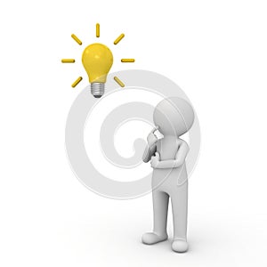 3d man thinking with idea bulb above his head isolated over white background