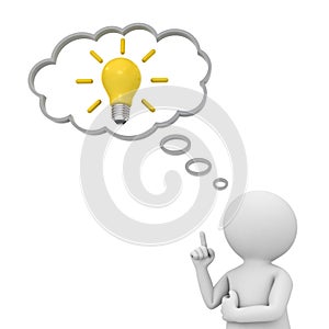 3d man thinking with idea bulb in thought bubble above his head isolated over white background