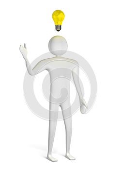 3d man thinking and yellow light bulb above