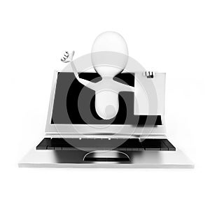 3d man waving hands and clipboard with papers in it in hand ,coming out from laptop screen concept
