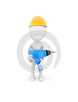 3d man wearing safety cap and holding a electric driller in his