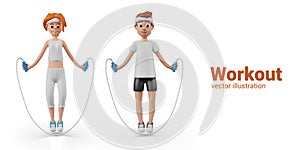 3D man and woman jumping rope. Vector male and female character training, skipping