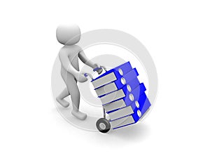 3D man -worker pushing a hand truck with files