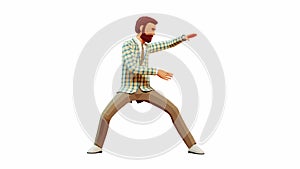 3d man in wushu stance makes passes with his hands.