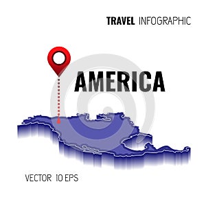 3d Map of America. GPS. Navigator pin checking green color on white background. Infographics for your business. Vector illustratio