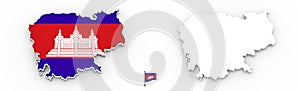 3D map of Cambodia white silhouette and flag