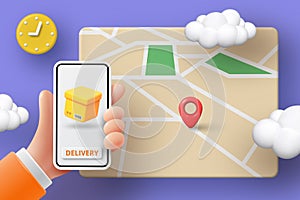 3D map. Car delivery. Phone application. Food order. Truck shipping. Smartphone in hand. Search route. Express shipment