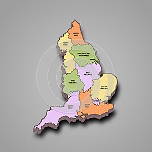 3d map of England with region.  England with borders of the stats and different colour.. Britain, United Kingdom, uk