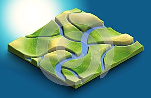 3d map isometric with branches of canals of water and rivers