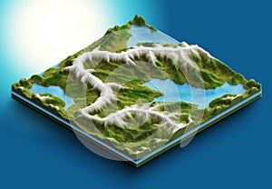 3d map isometric of a chain of mountains and forest